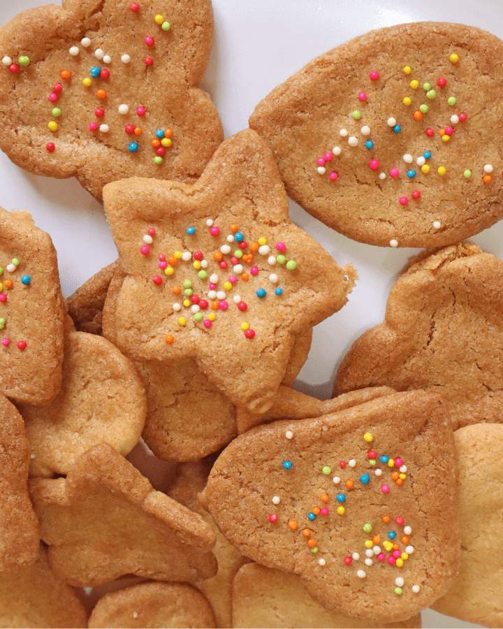 Air fryer sugar cookies cut into stars, hearts and leaves, topped with rainbow nonpareils