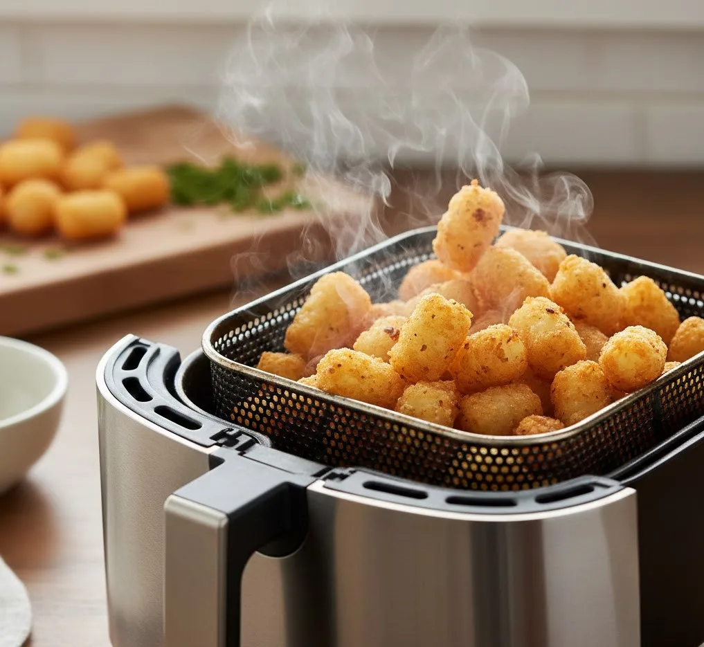 Tater tots crisping in the air fryer