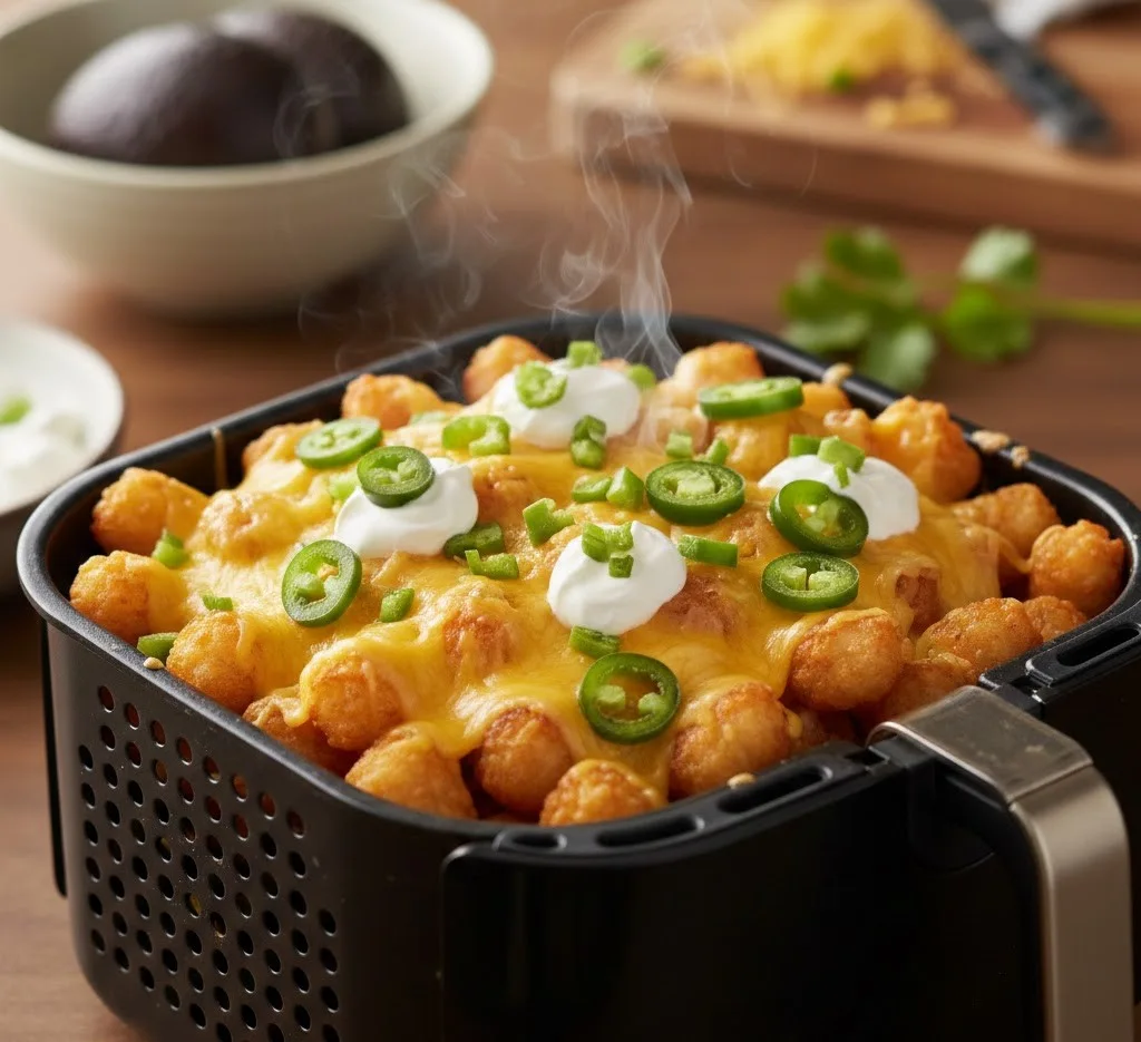 Air fryer totchos, tater tot nachos loaded with cheese