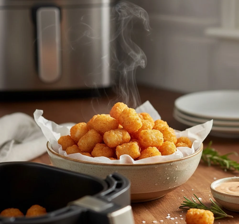 Crispy air fryer tater tots served with dipping sauce