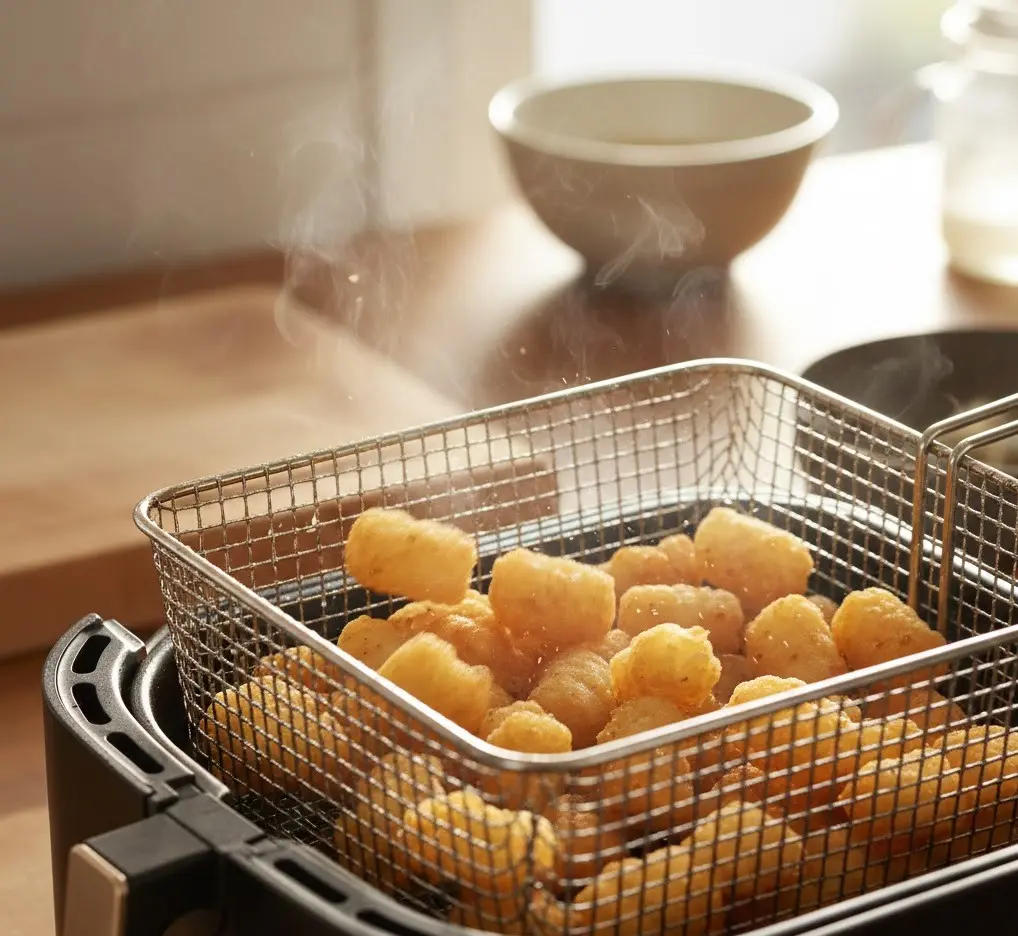 Shaking half-cooked tater tots in the air fryer basket
