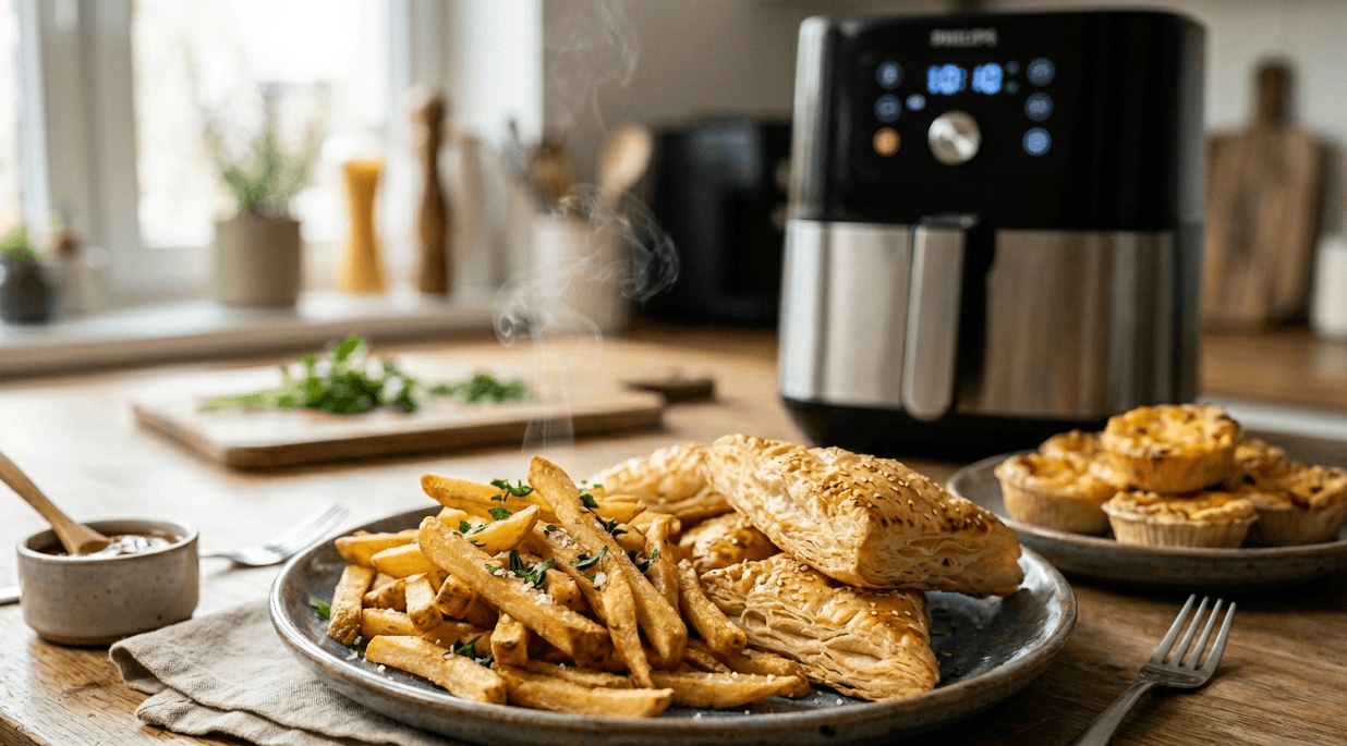 Golden crisp baked goods coming out of an air fryer basket