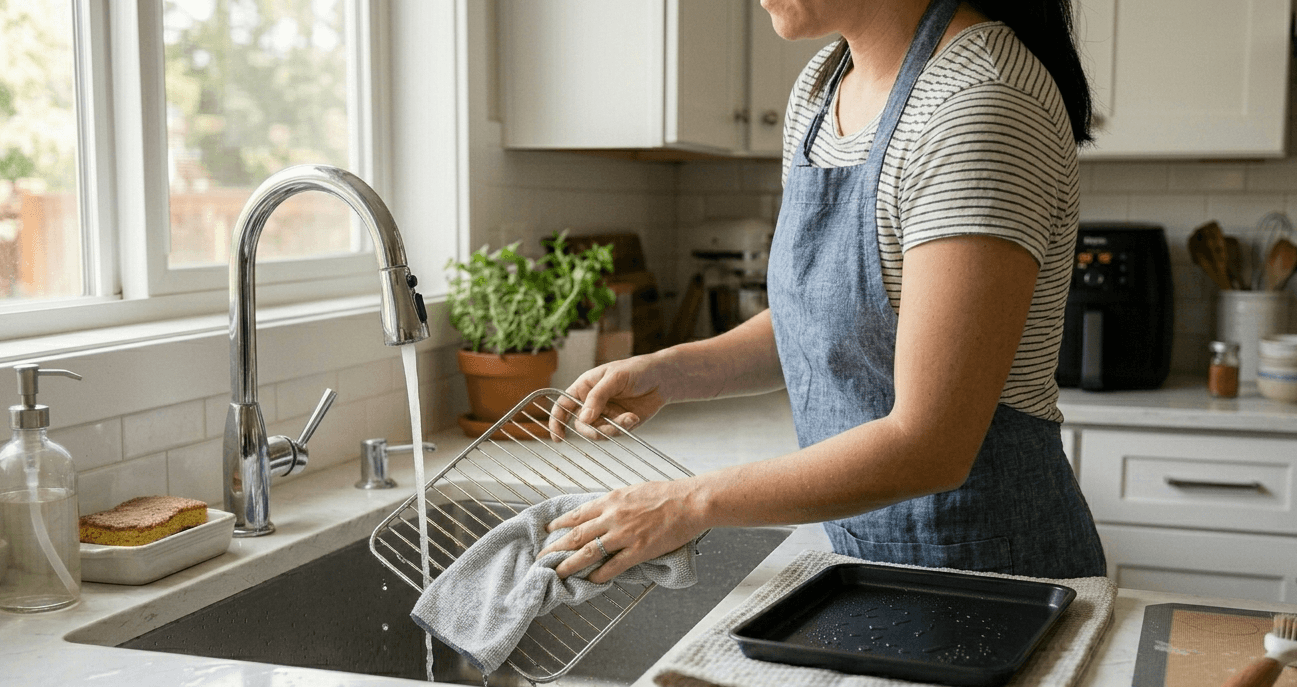 Washing an air fryer rack at the kitchen sink, with the air fryer on the counter behind