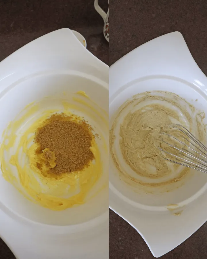 Air fryer banana bread baking in a small dish