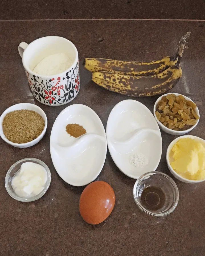 Ingredients for air fryer banana bread on a counter