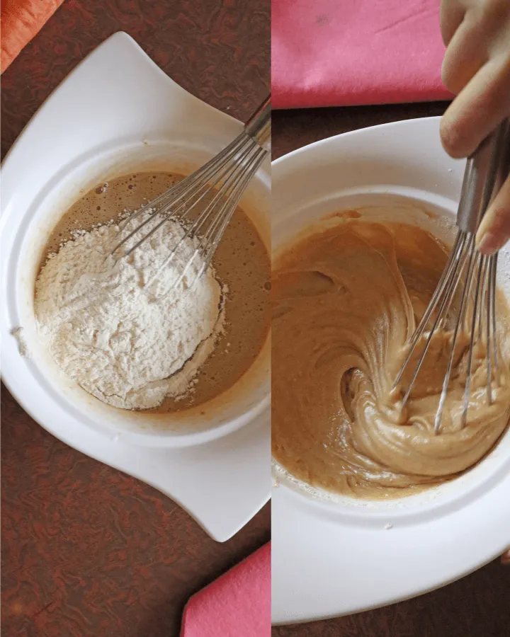 Smooth carrot muffin batter in a mixing bowl