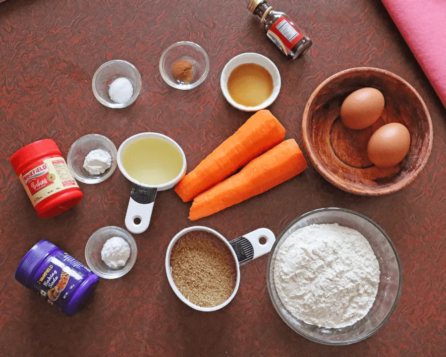 Ingredients for carrot muffins measured out on a counter