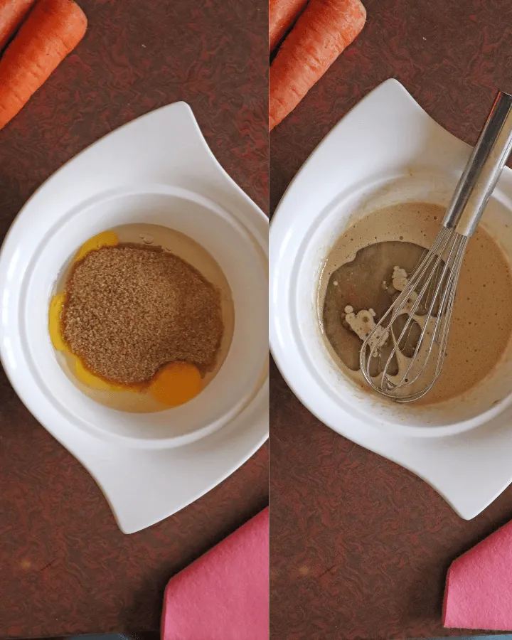 Oil and vanilla being added to the whisked egg and sugar mixture