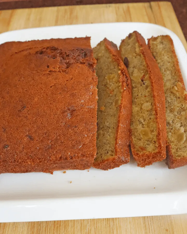 A loaf of air fryer banana bread ready to slice