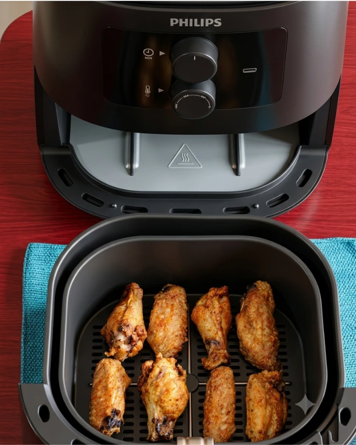 Close-up of crispy frozen chicken wings cooked in an air fryer without thawing