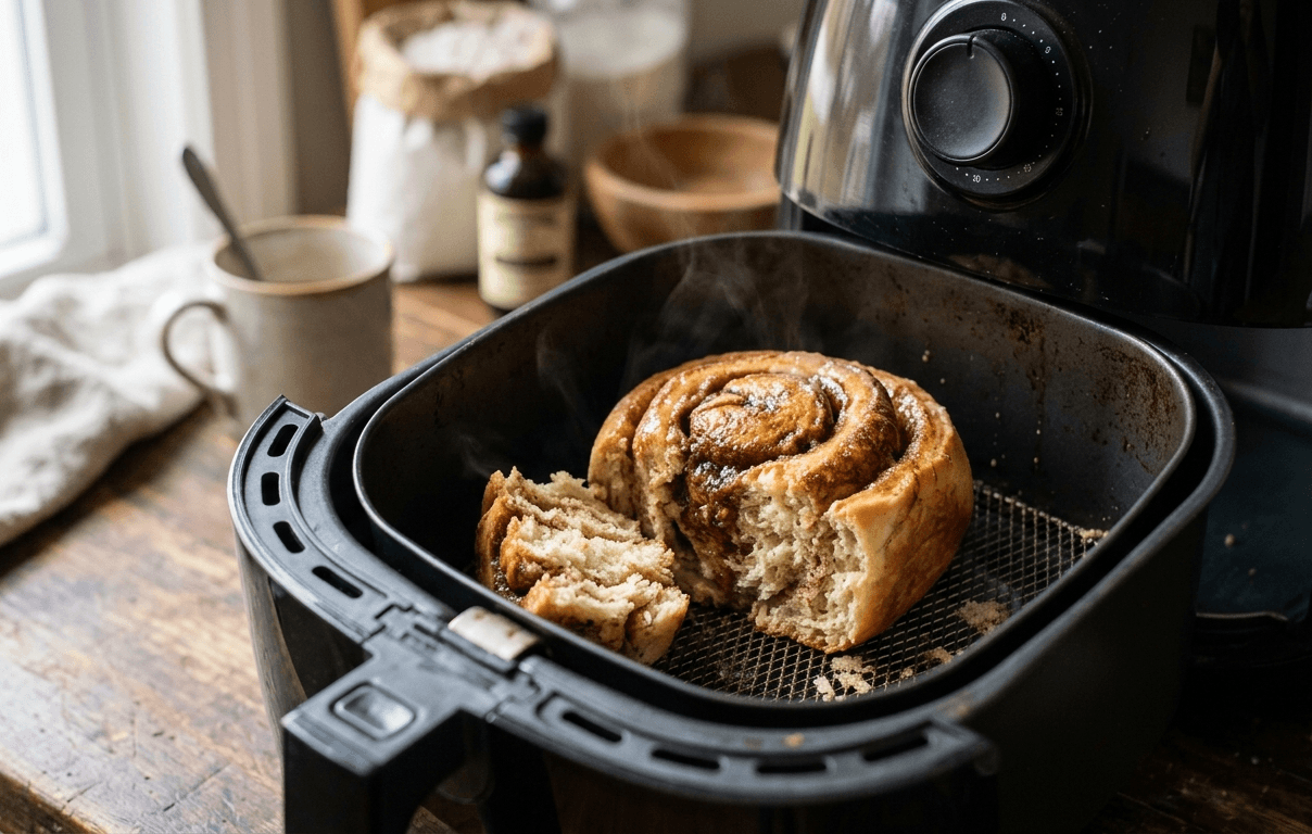 A steaming cinnamon swirl bun in an air fryer basket, torn open to show a soft, moist crumb
