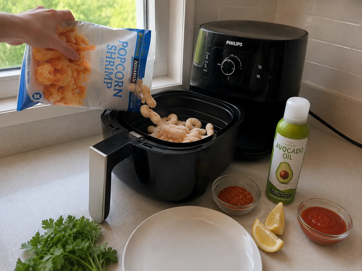 Adding frozen popcorn shrimp to the air fryer basket in a single layer