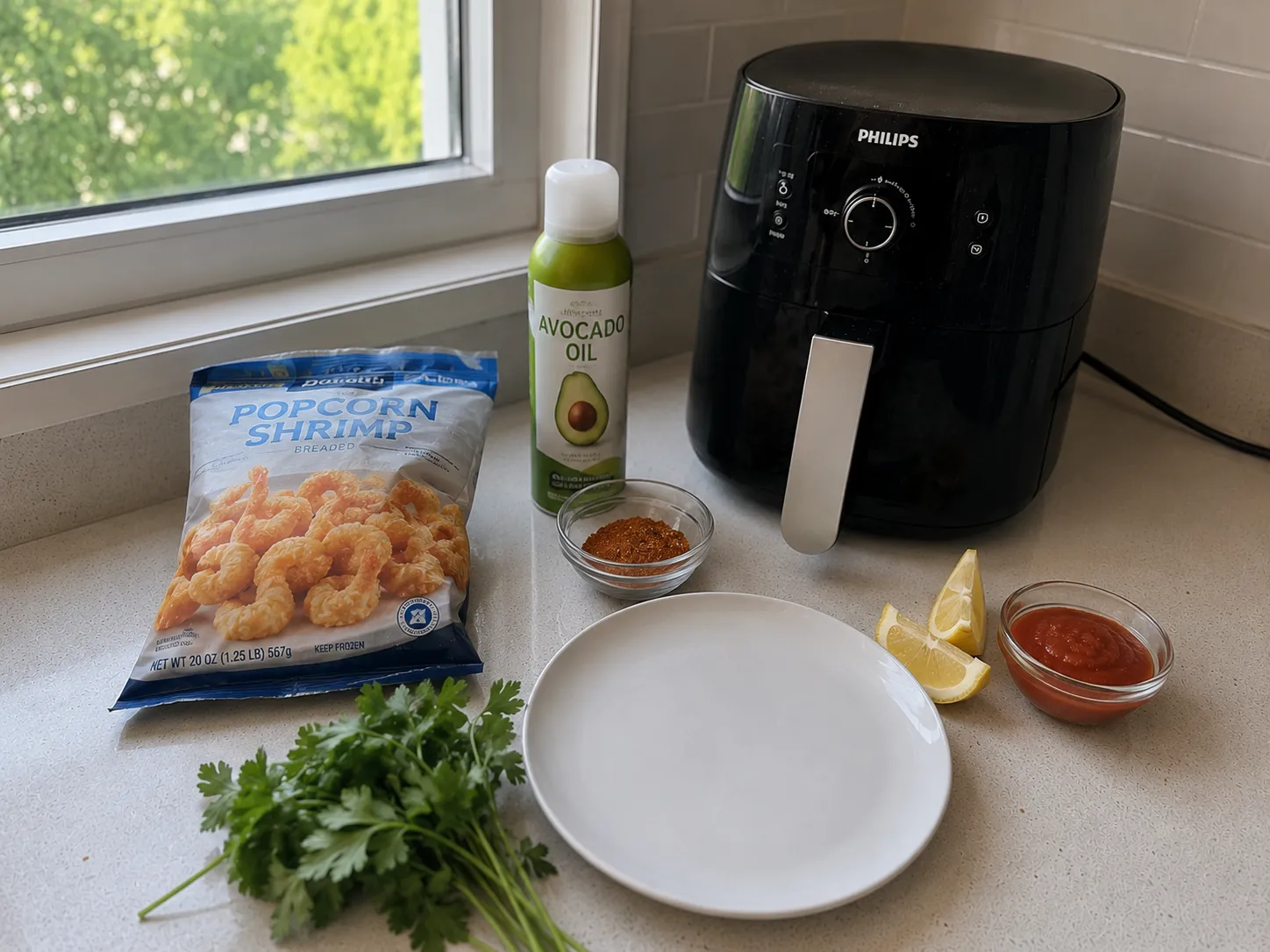 A bag of frozen popcorn shrimp with lemon wedges and dipping sauce ingredients