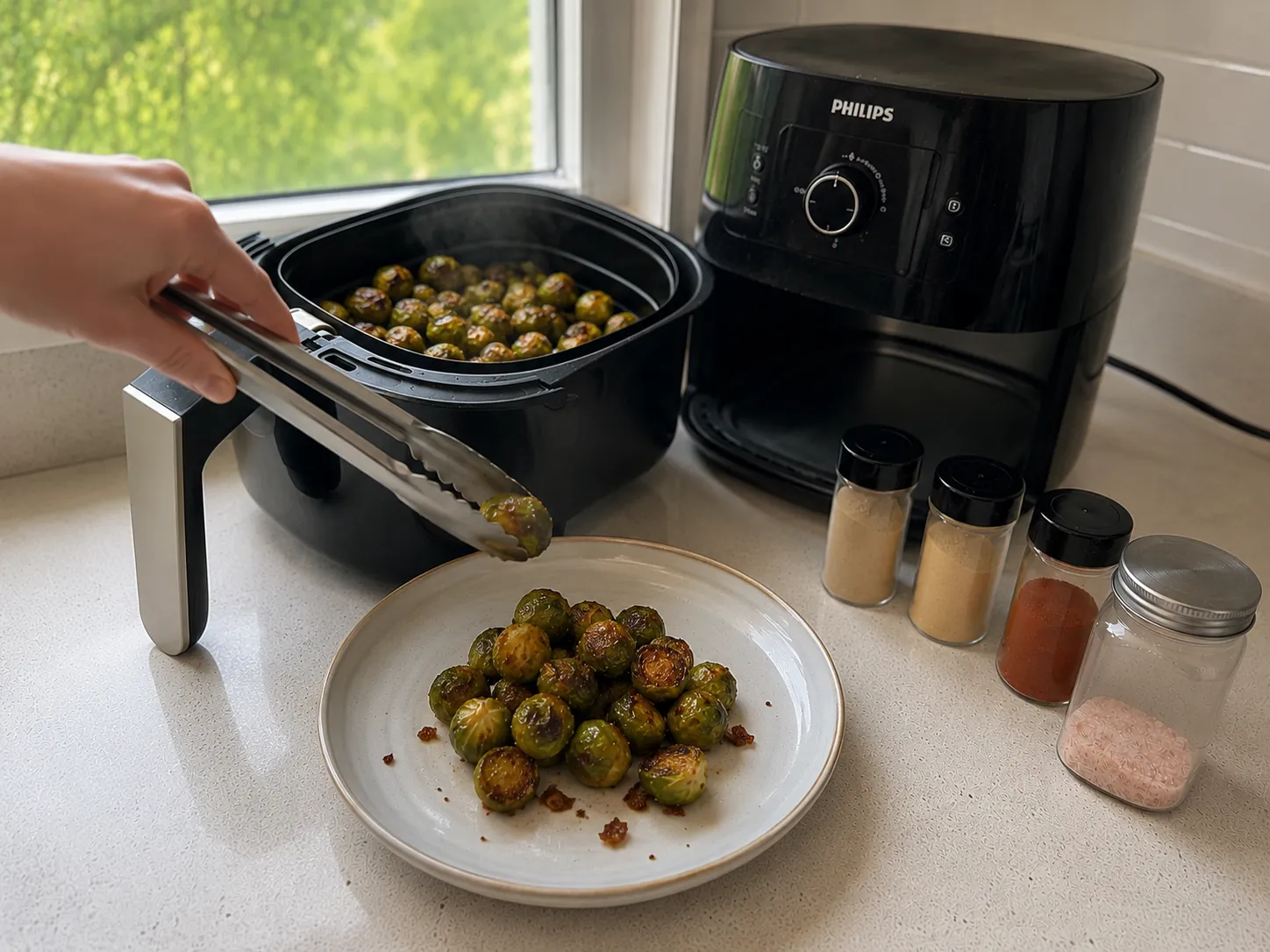 Close-up of crispy air fryer frozen Brussels sprouts with dark caramelized leaves