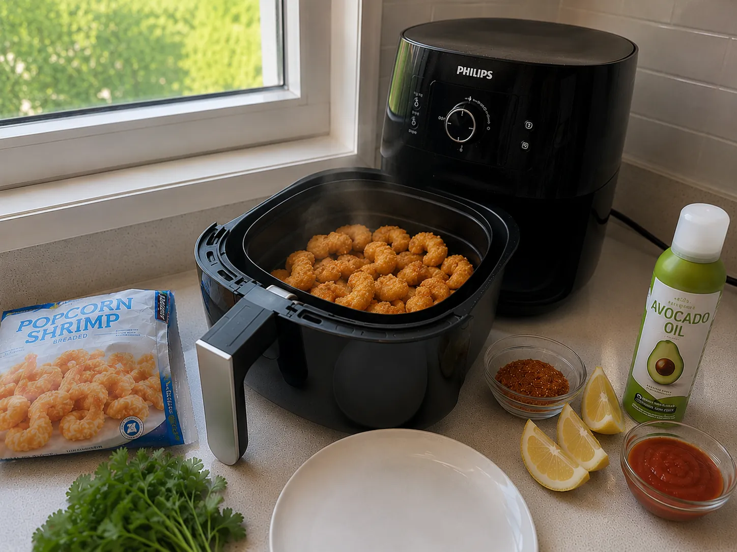 Golden popcorn shrimp in a single layer in the air fryer basket after cooking