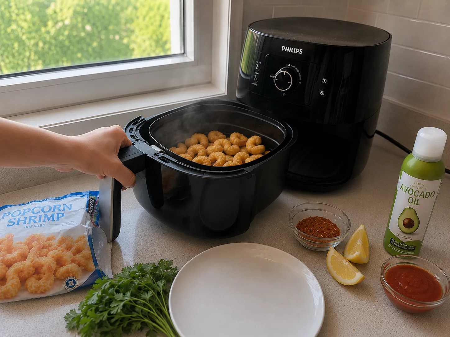 Shaking the air fryer basket to turn popcorn shrimp at the halfway point