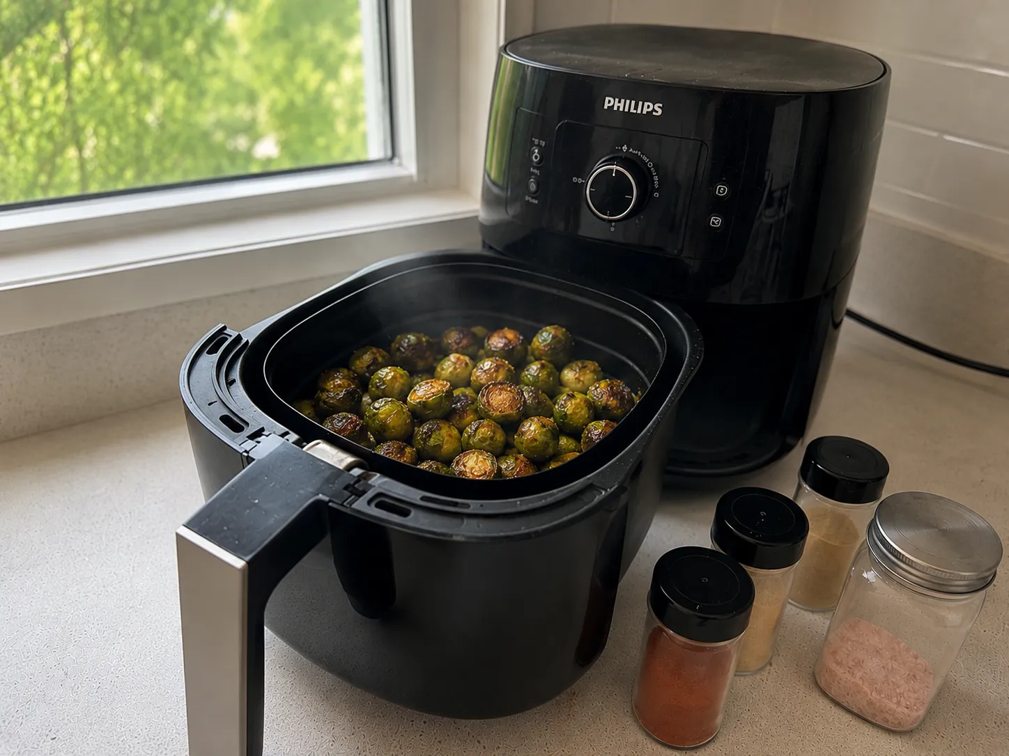 Pouring frozen Brussels sprouts into the air fryer basket in a single layer