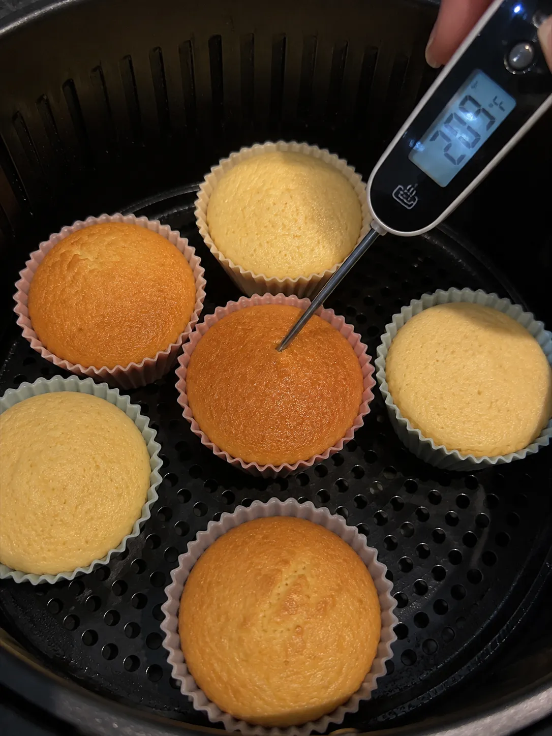 An instant read thermometer pushed into the center of a golden cupcake in an air fryer basket, reading 209.7 degrees Fahrenheit
