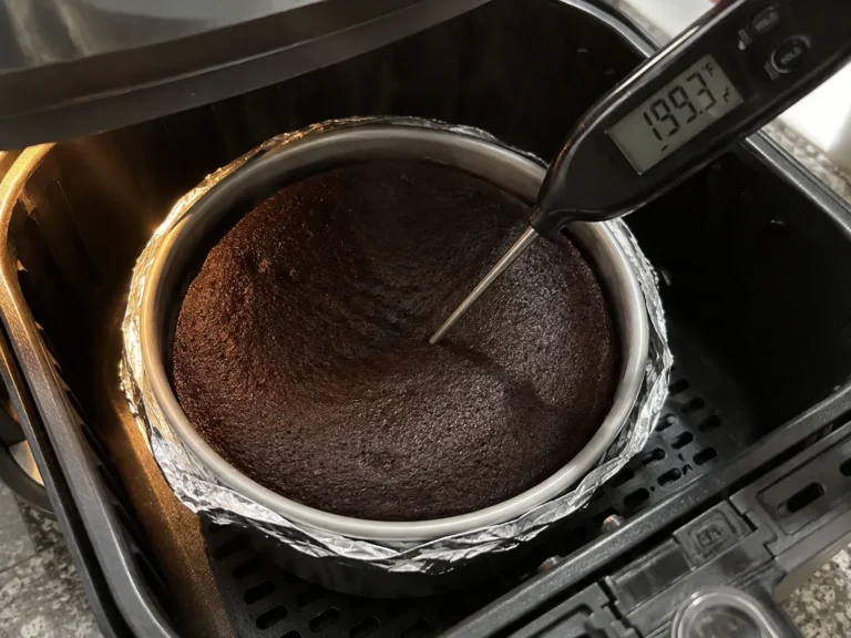Checking cake temperature to confirm a converted bake time