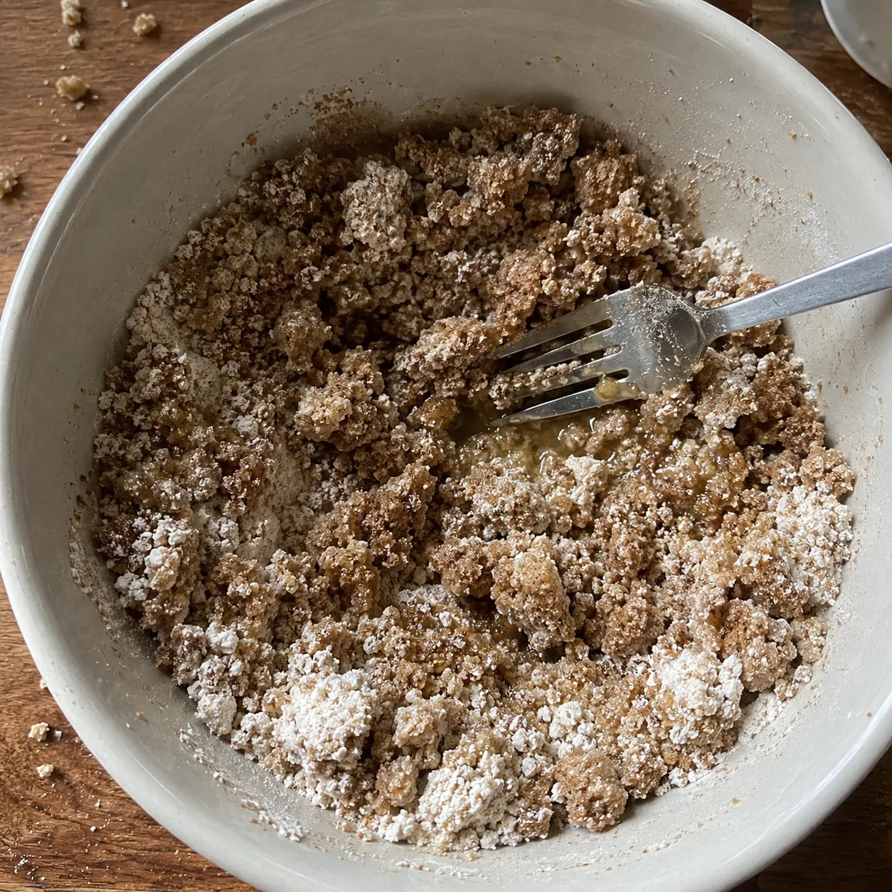Cinnamon streusel being stirred with a fork in a bowl, with melted butter still visible and clumps of uneven size forming