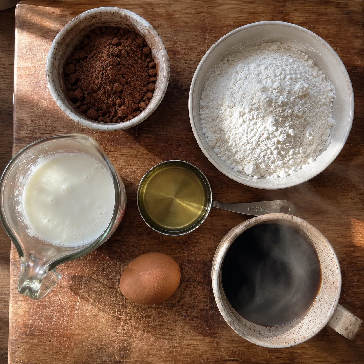 Overhead shot on a wooden board of cocoa powder, flour, a jug of buttermilk, a measuring cup of oil, one brown egg and a mug of hot black coffee