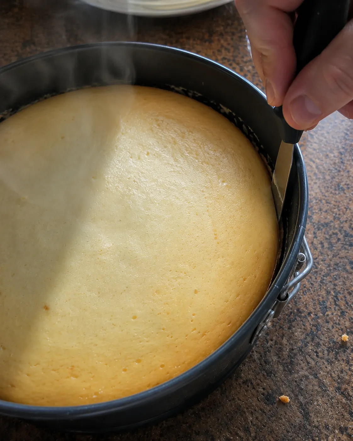 A thin knife being run between a baked cheesecake and the wall of its springform pan, steam rising