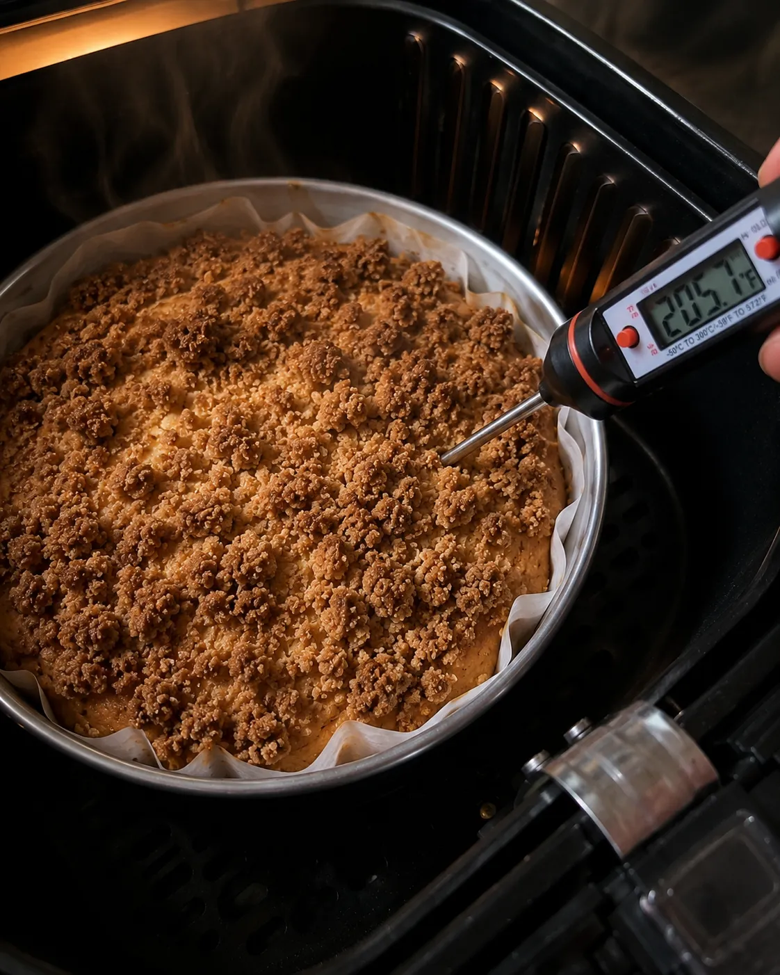 An instant-read thermometer angled in from the edge of a golden streusel topped cake in an air fryer basket, reading 205.7 degrees Fahrenheit