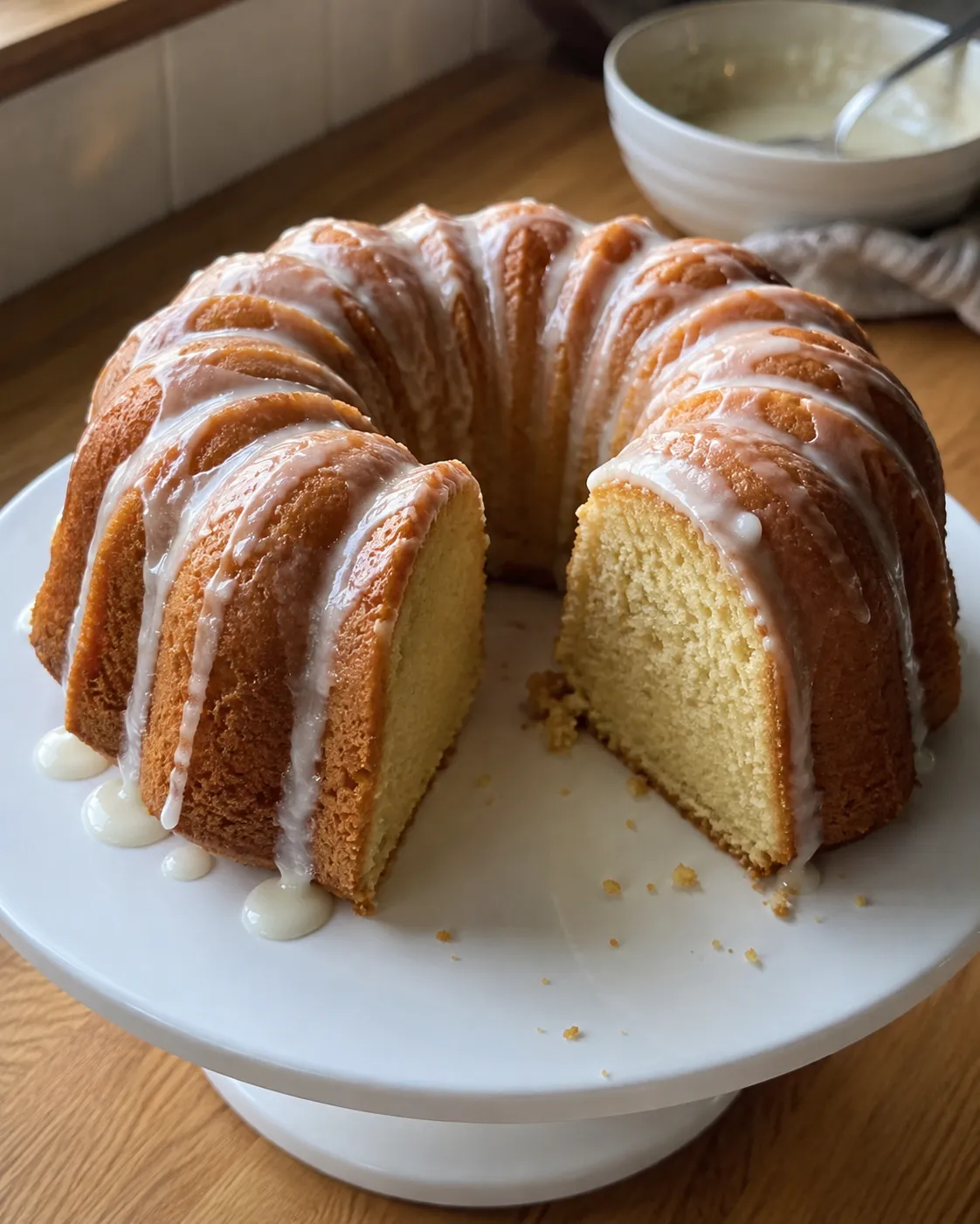A glazed air fryer bundt cake on a white cake stand with one slice removed, showing a tight golden crumb through the ring