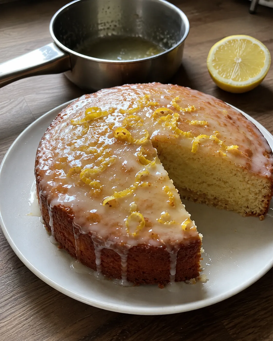 A glazed air fryer lemon cake with a wedge cut out, lemon zest curls on top and a lemon half in frame