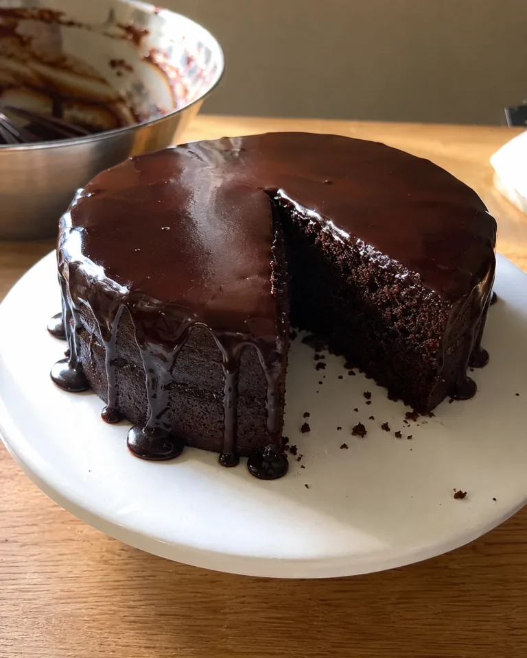 Glossy chocolate ganache cake baked in an air fryer