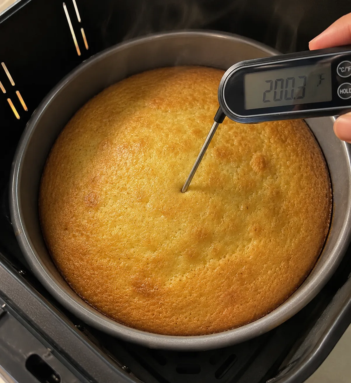 An instant-read thermometer pushed into the middle of a golden domed cake in a pan inside an air fryer basket, the display reading 200.3 degrees Fahrenheit