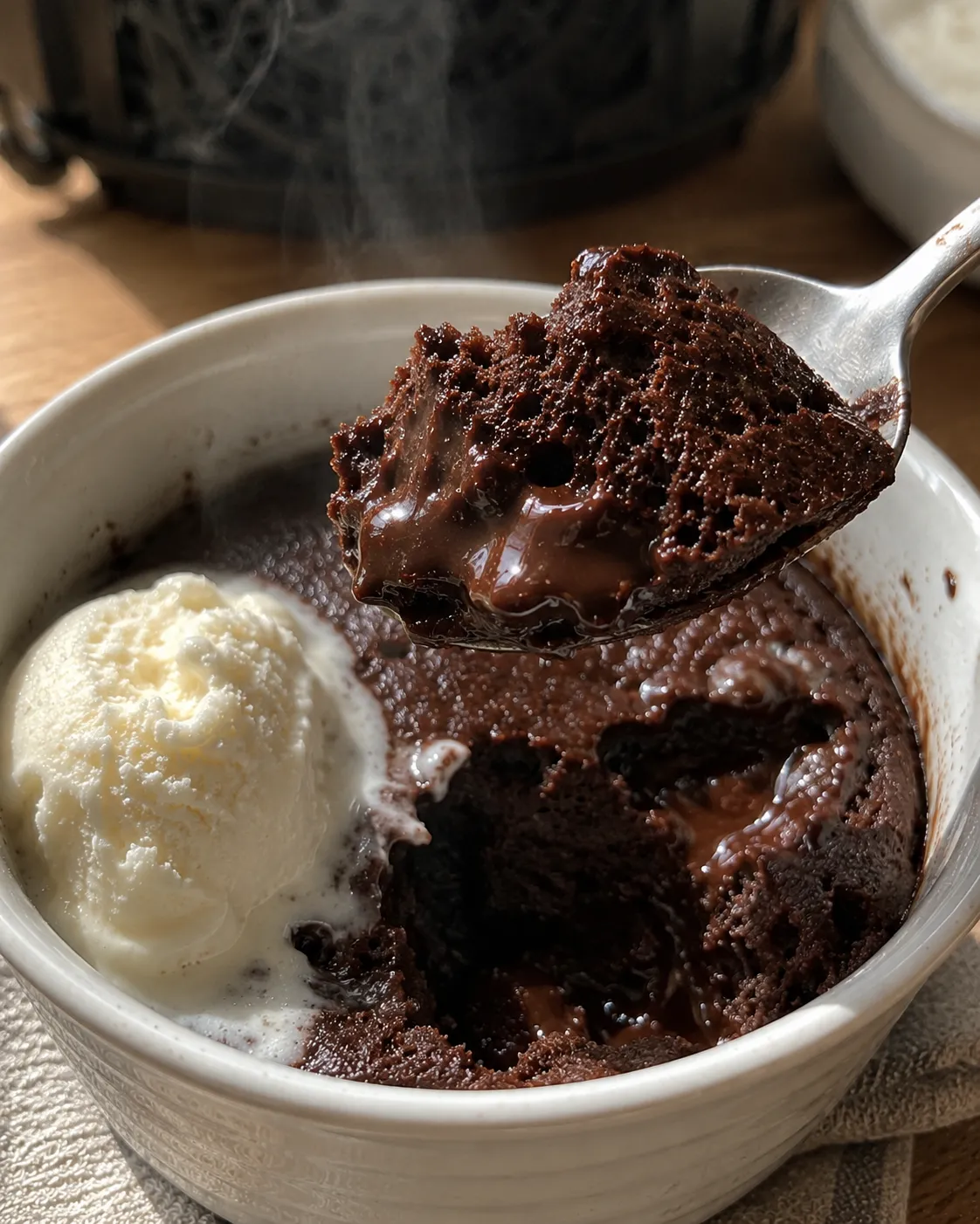 A spoonful of fudgy chocolate cake lifted from a ramekin with melting vanilla ice cream beside it