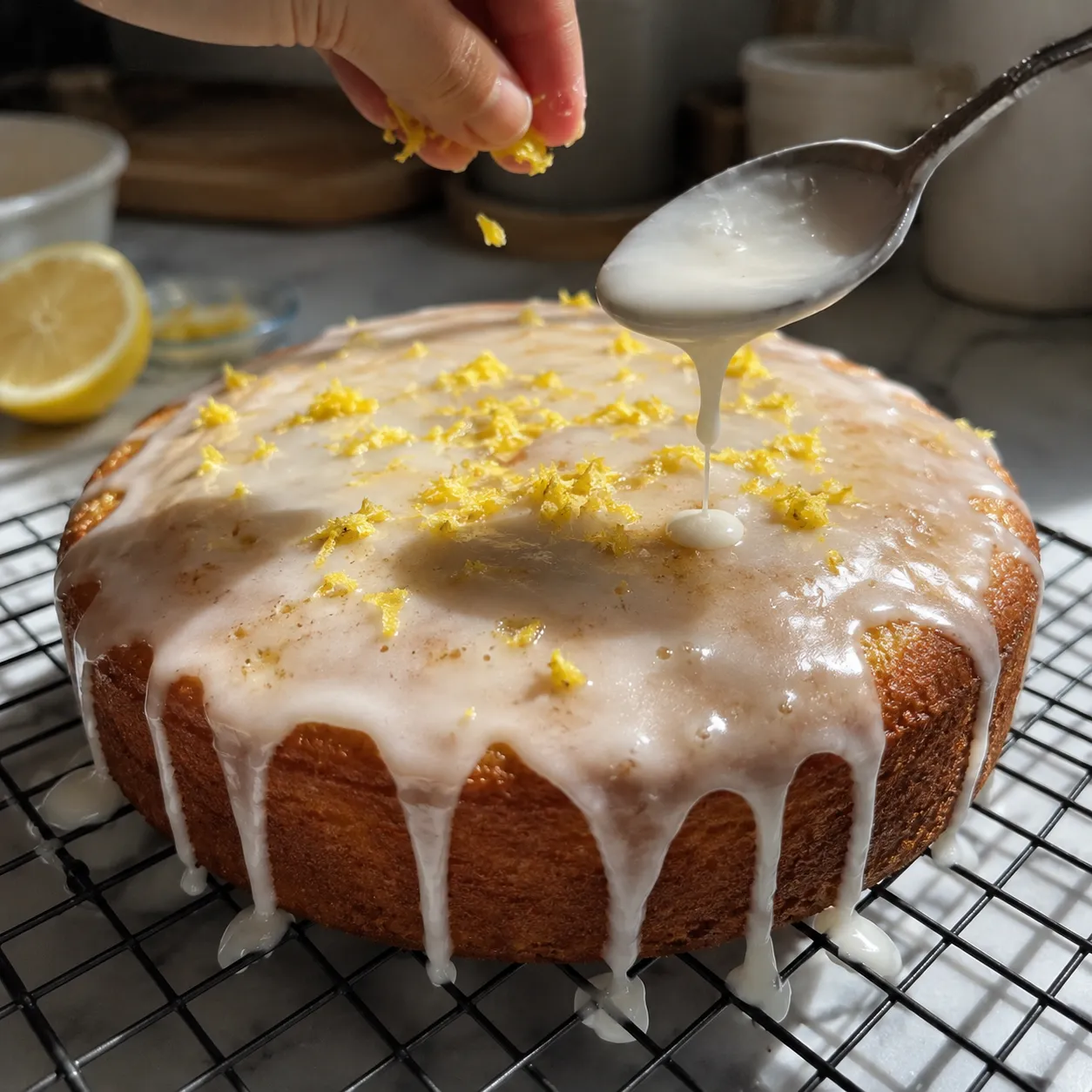 Glaze being drizzled over a cold lemon cake with fresh lemon zest scattered on top