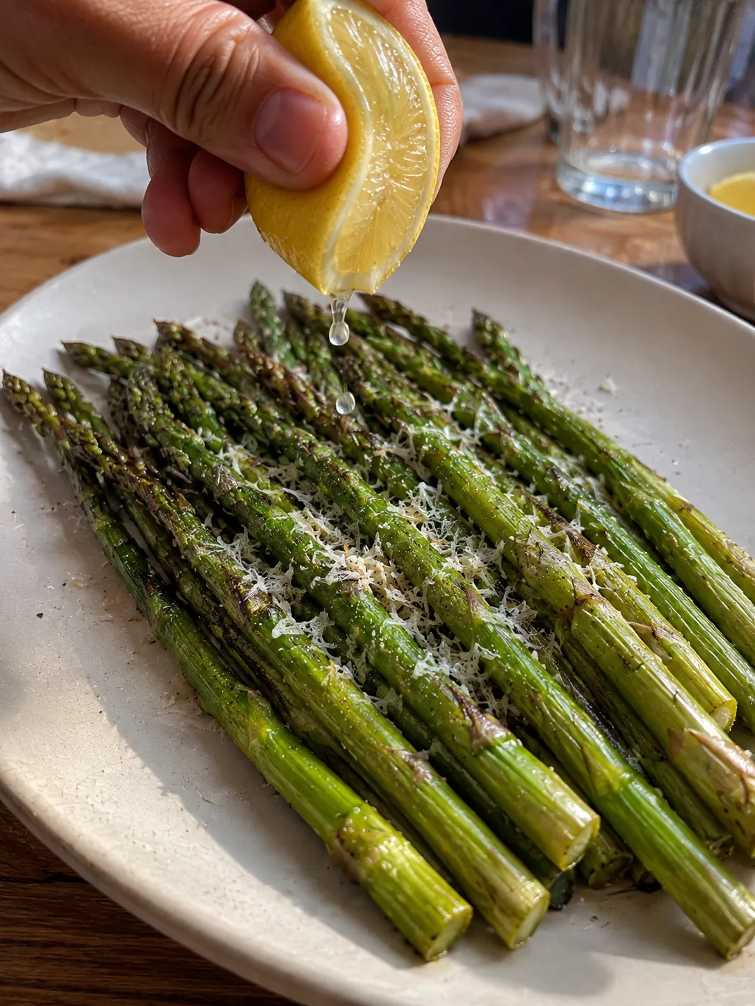 Lemon being squeezed over air fryer asparagus with grated parmesan on a plate