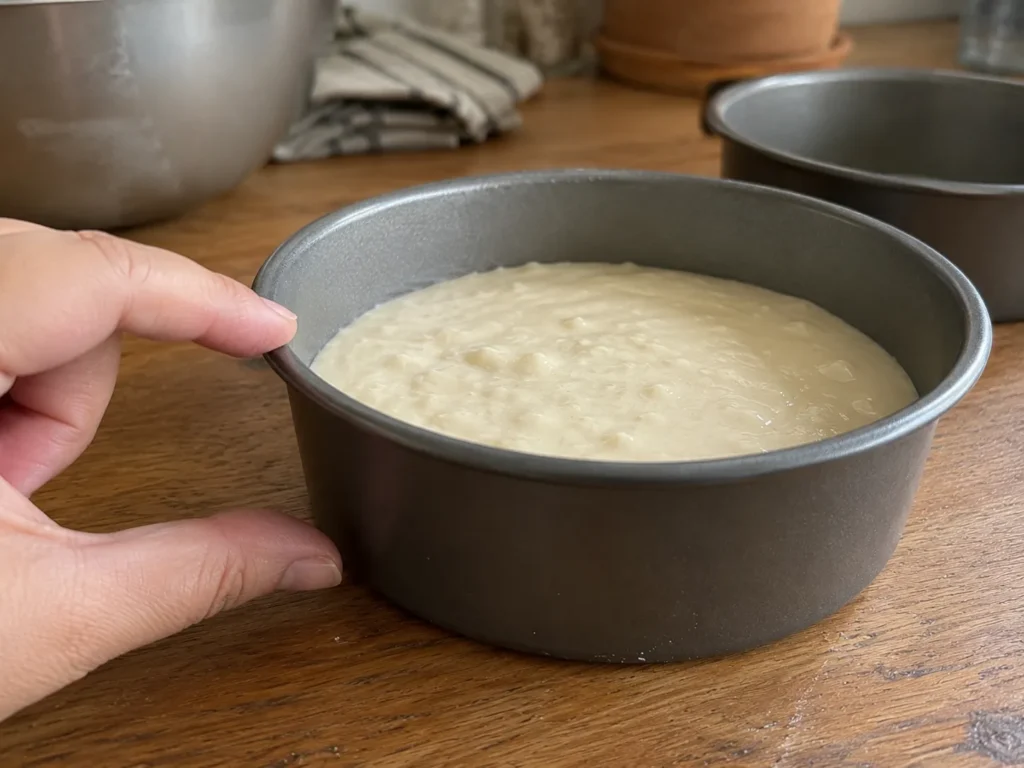 Measuring cake batter into a pan to scale a recipe
