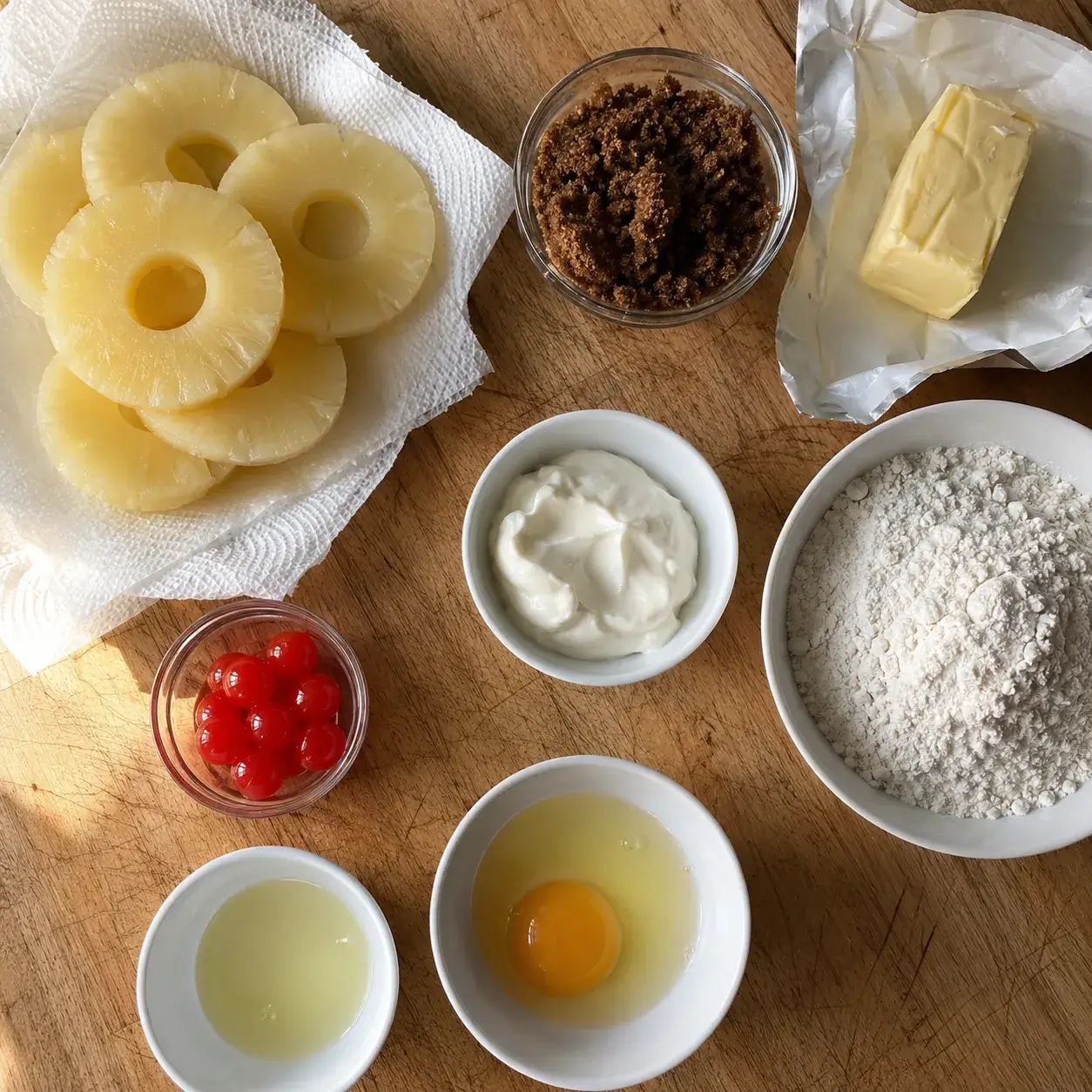 Overhead shot of pineapple upside down cake ingredients on a wooden board: pineapple rings draining on paper towel, dark brown sugar, butter, sour cream, flour, maraschino cherries, reserved juice and a cracked egg