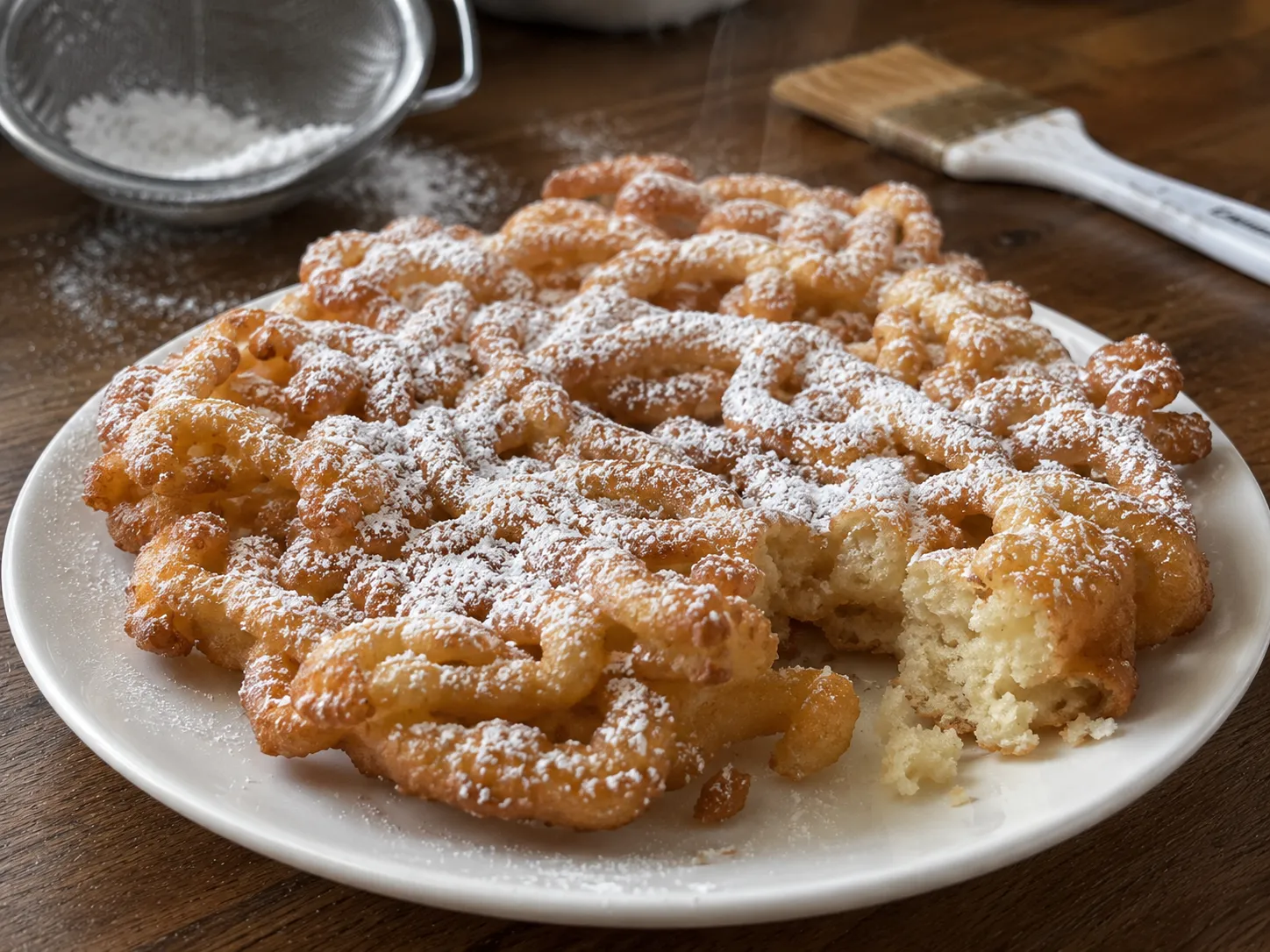 A deep golden funnel cake dusted with powdered sugar on a white plate with one piece torn away