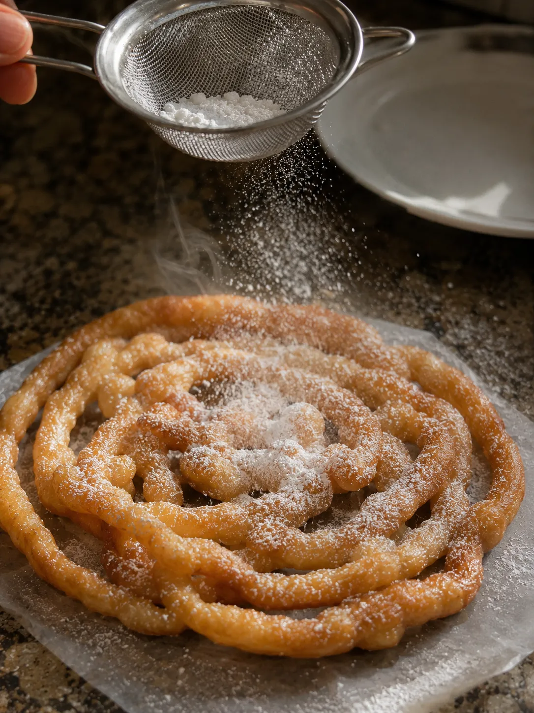 Powdered sugar being sieved over a golden air fryer funnel cake on its parchment round