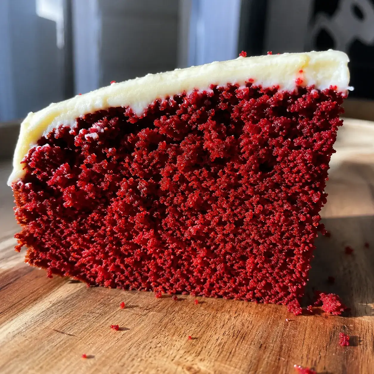 A slice of air fryer red velvet cake standing on a wooden board, showing the moist red crumb under a layer of cream cheese frosting