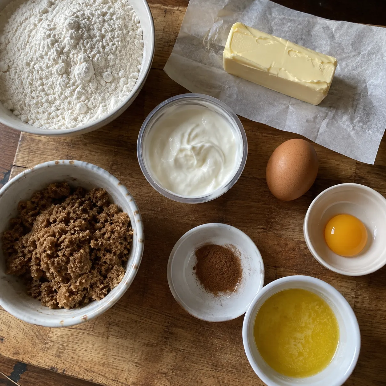 Overhead shot on a wooden board of flour, a stick of butter, sour cream, one whole egg with a separate yolk, brown sugar, ground cinnamon and a dish of melted butter