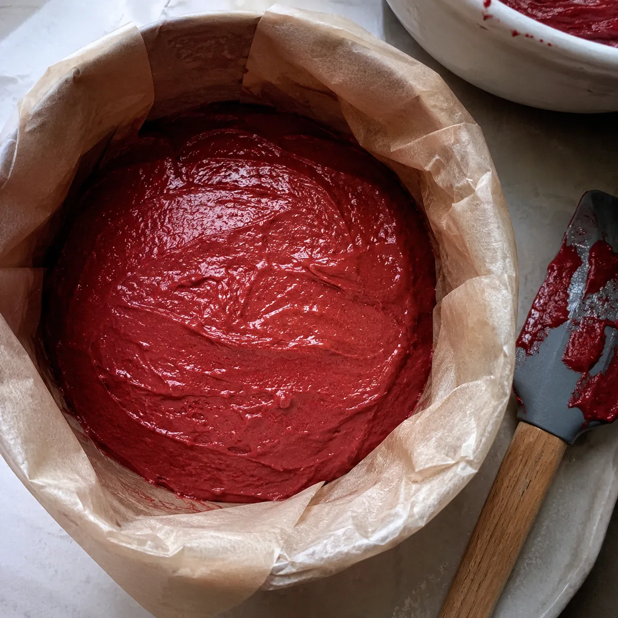 Red velvet cake batter smoothed into a parchment-lined pan with a second bowl of batter waiting behind it, for a double layer bake