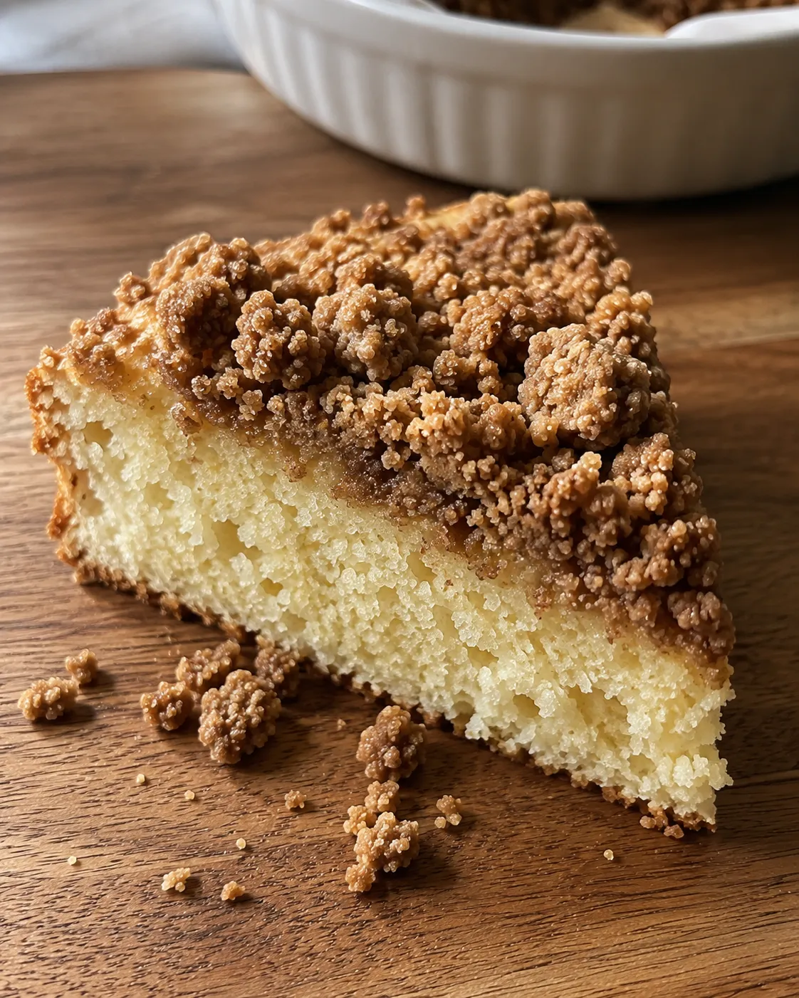 A slice of streusel coffee cake on a wooden board, the crumb pale and fine with the craggy topping sitting on top of it