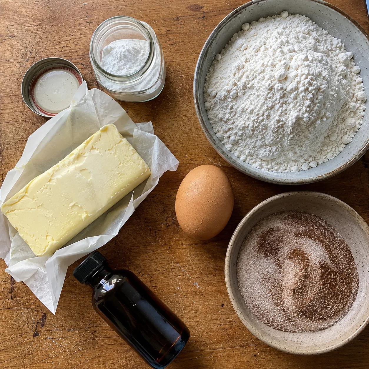 Snickerdoodle ingredients on a wooden board: butter, flour, an egg, vanilla and a bowl of cinnamon sugar