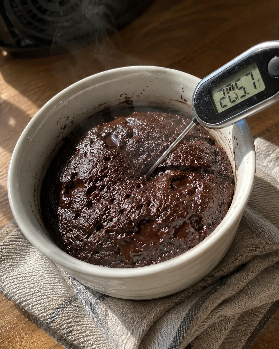 An instant-read thermometer reading 205.7 degrees Fahrenheit in a chocolate mug cake in a ramekin