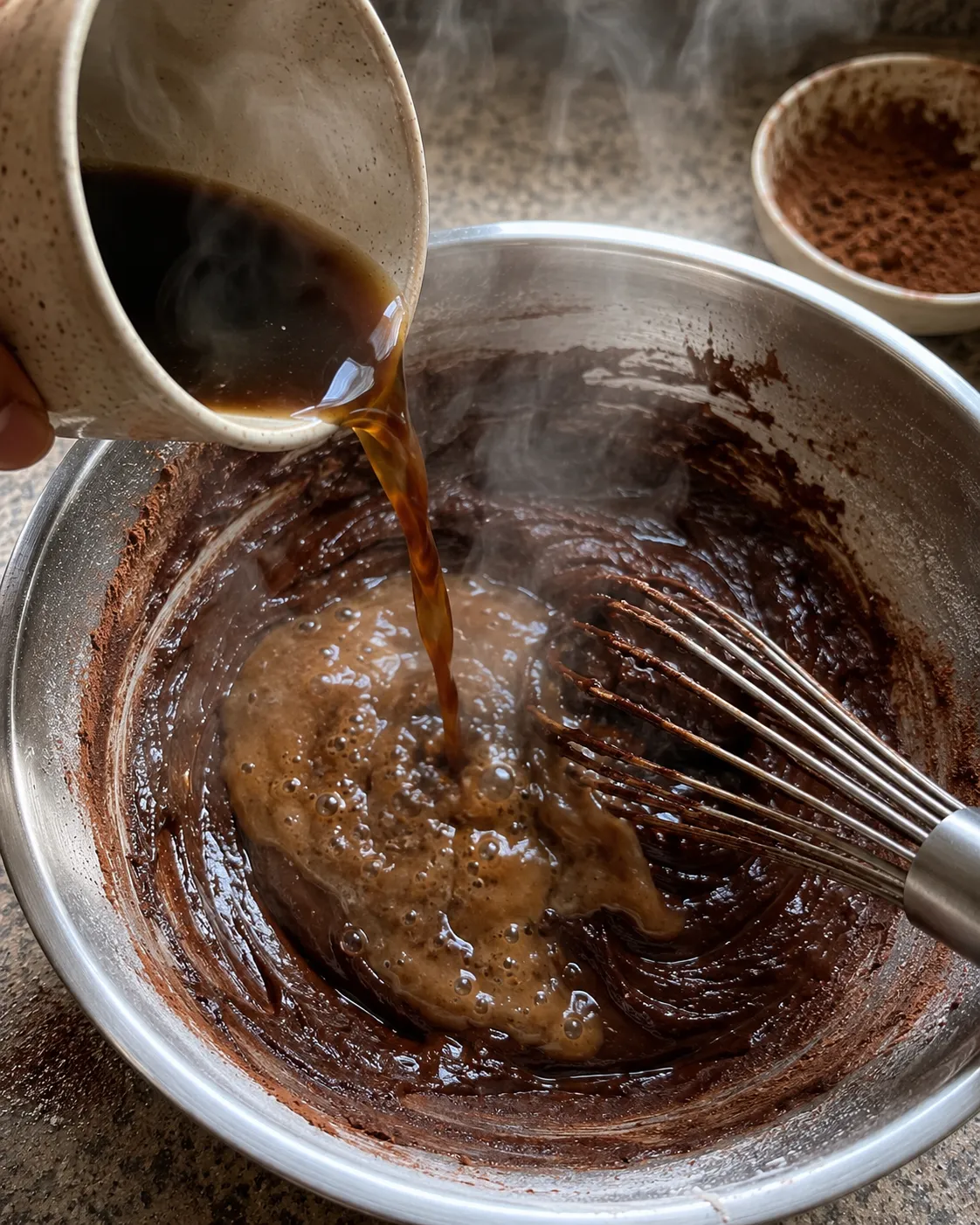 Steaming hot black coffee being poured from a mug into a bowl of thick dark chocolate batter with a whisk resting in it