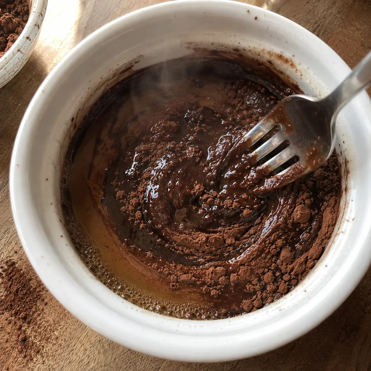 Cocoa powder being stirred into hot melted butter in a ramekin with a fork