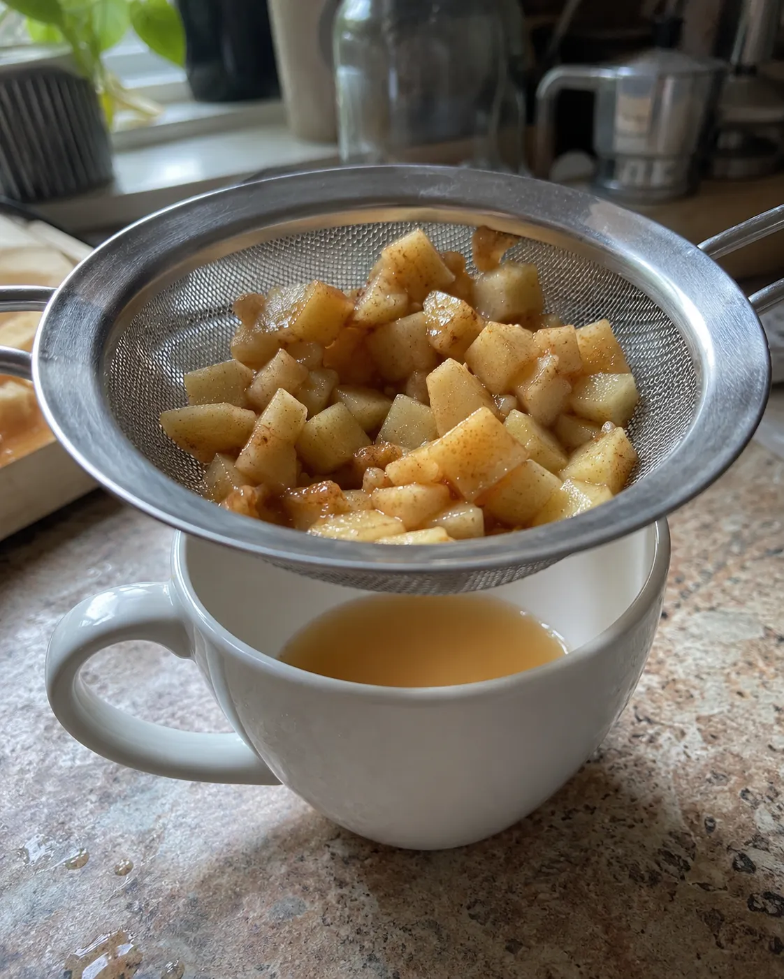 Diced apple tossed with cinnamon sitting in a mesh sieve set over a mug, with amber juice collected below