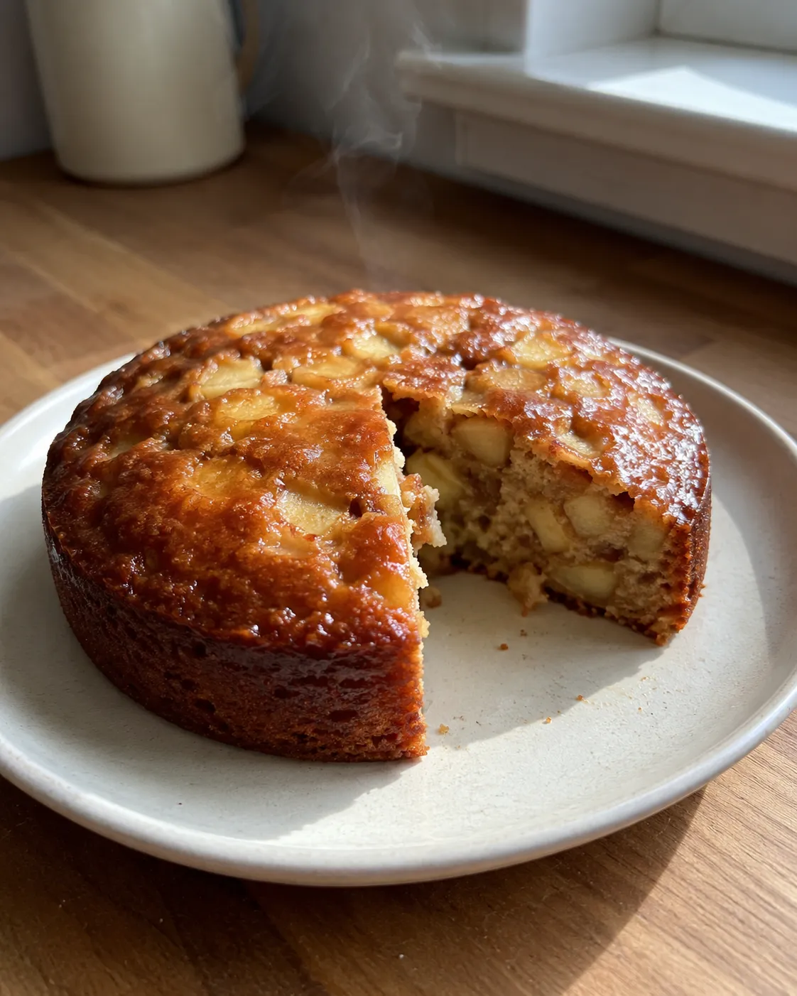 A whole glazed apple cake on a plate with one wedge cut out, still steaming