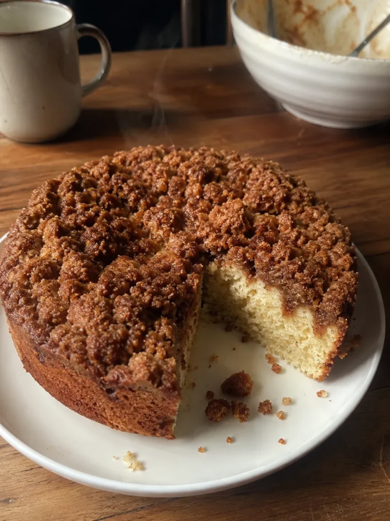 A streusel-topped coffee cake with a slice cut