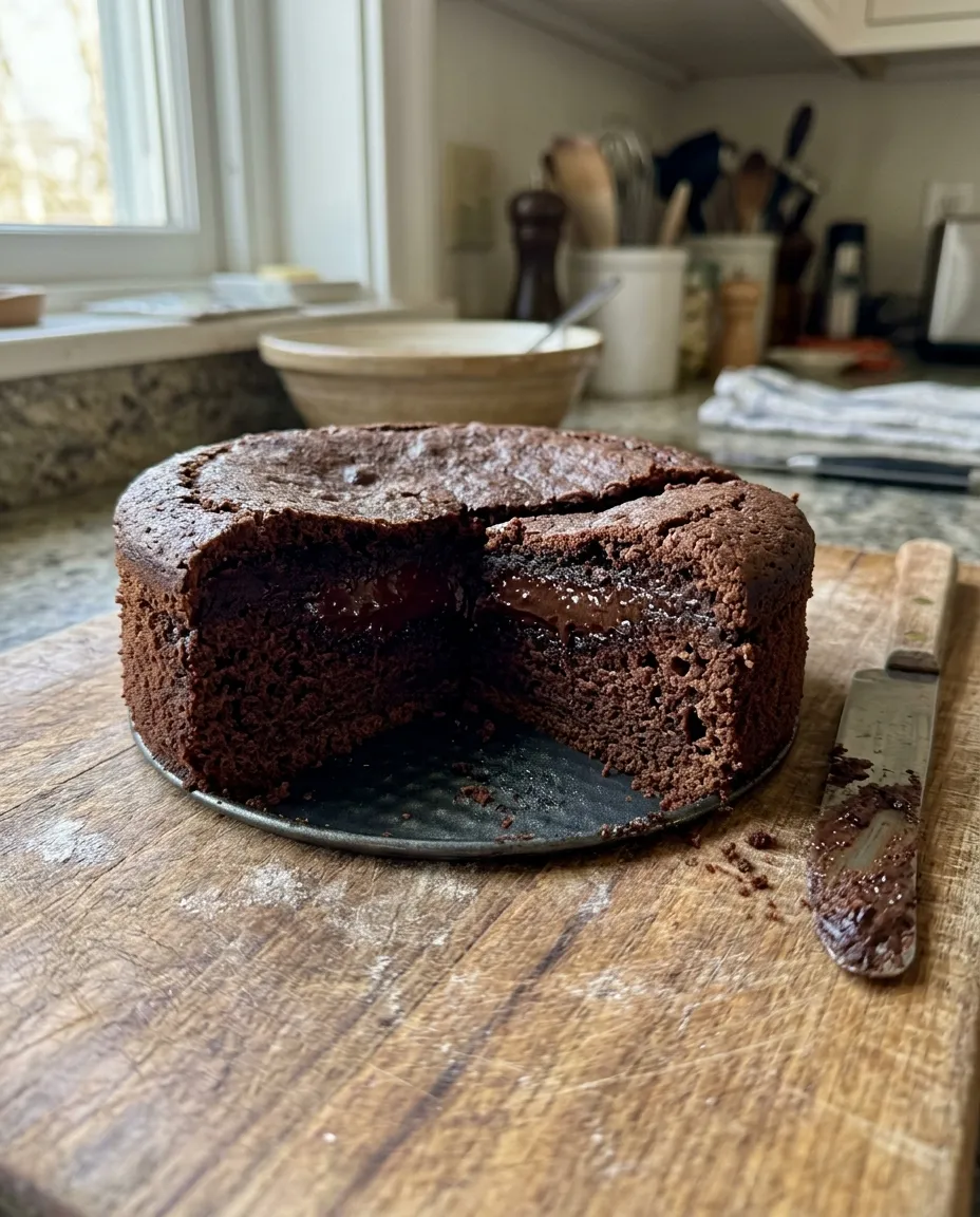 A chocolate cake with a wedge removed showing a dense wet band running through the middle of the crumb